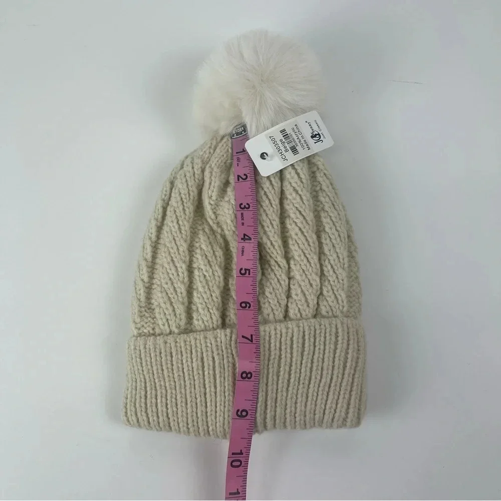 JC Sunny Just Classy Hat Womens One Size Beige Knit Fauc Fur Pom Pom Beanie
